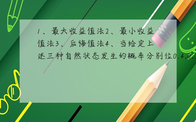 1、最大收益值法2、最小收益值法3、后悔值法4、当给定上述三种自然状态发生的概率分别位0.4,0.3,0.3时,试利用风险决策方法来确定最优方案.自然状态方案 市场需求 高需求 中需求 低需求0 .4