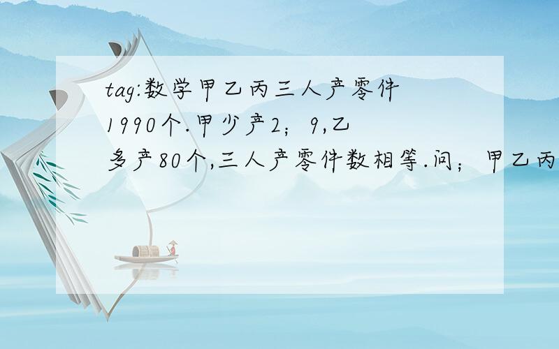 tag:数学甲乙丙三人产零件1990个.甲少产2；9,乙多产80个,三人产零件数相等.问；甲乙丙各产了几个零件