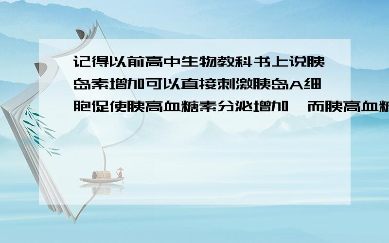 记得以前高中生物教科书上说胰岛素增加可以直接刺激胰岛A细胞促使胰高血糖素分泌增加,而胰高血糖素增加则促使胰岛B细胞分泌减少.为什么呢?