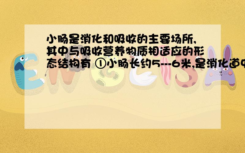 小肠是消化和吸收的主要场所,其中与吸收营养物质相适应的形态结构有 ①小肠长约5---6米,是消化道中最长小肠是消化和吸收的主要场所,其中与吸收营养物质相适应的形态结构有①小肠长约5