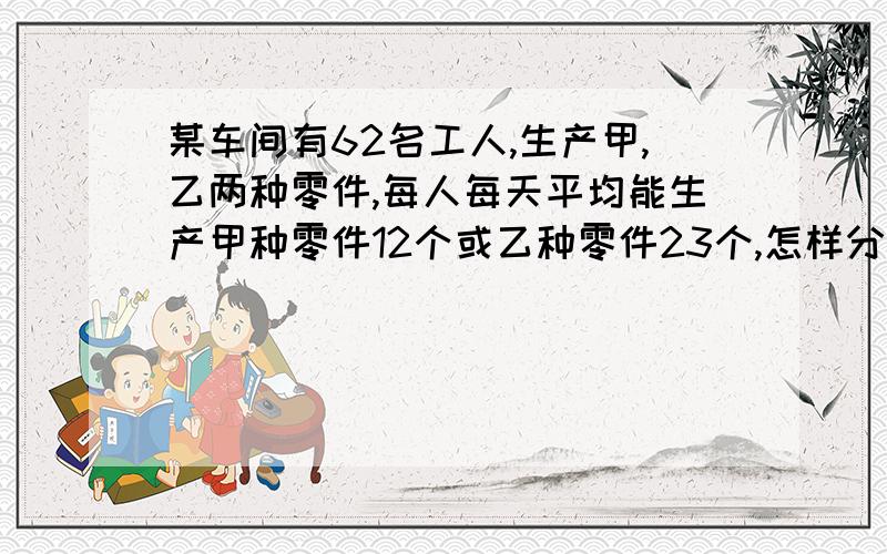 某车间有62名工人,生产甲,乙两种零件,每人每天平均能生产甲种零件12个或乙种零件23个,怎样分配工人?【3个甲种零件和2个乙种零件配成一套】【用一元一次方程】