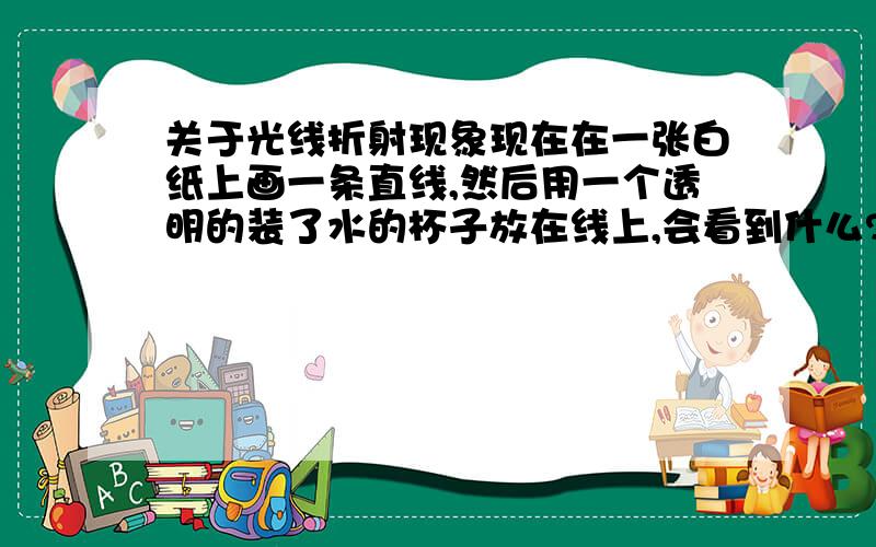 关于光线折射现象现在在一张白纸上画一条直线,然后用一个透明的装了水的杯子放在线上,会看到什么?这是什么现象?如果可以用英语说出来的话加分!本人说道做到!