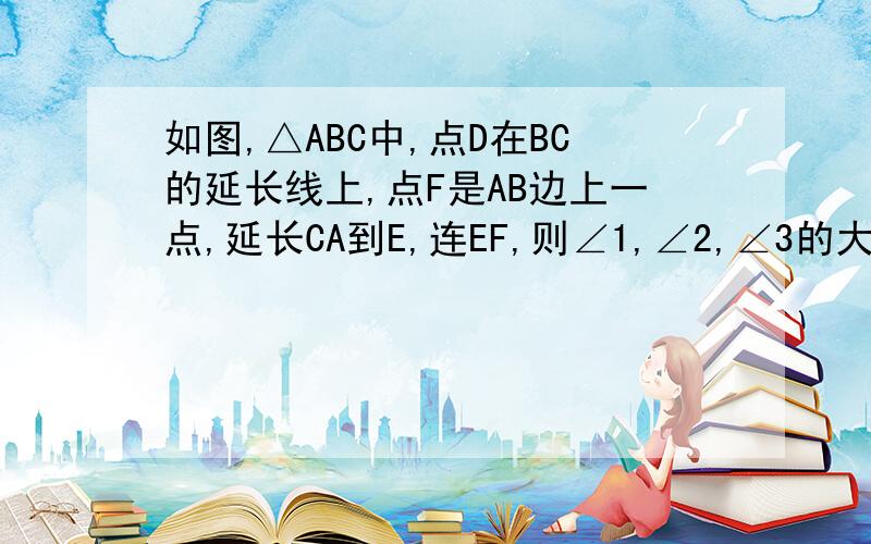 如图,△ABC中,点D在BC的延长线上,点F是AB边上一点,延长CA到E,连EF,则∠1,∠2,∠3的大小关系是：