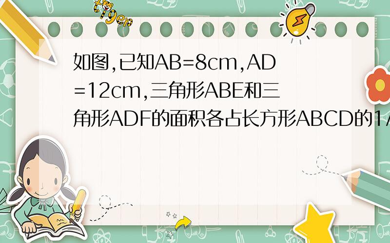 如图,已知AB=8cm,AD=12cm,三角形ABE和三角形ADF的面积各占长方形ABCD的1/3.求三角形AEF 的面积?直接的数字算式和过程解释,不要字母带来带去的