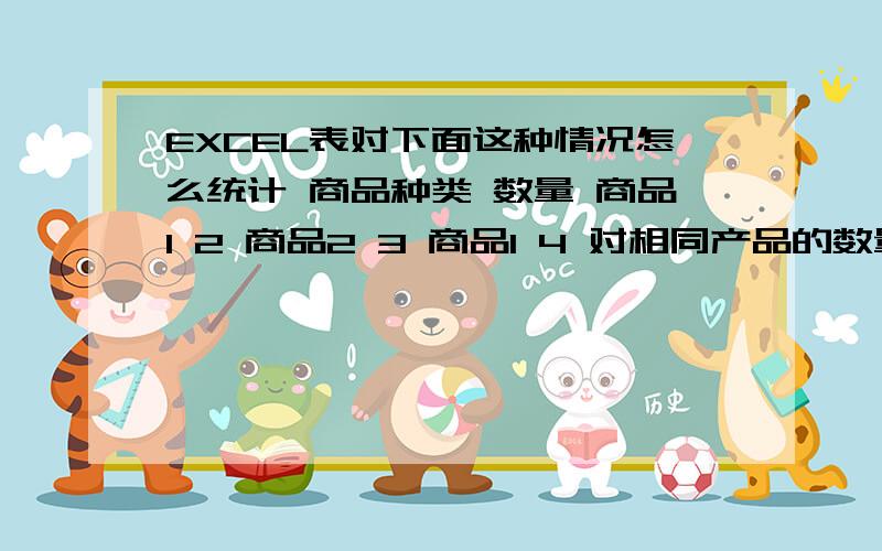 EXCEL表对下面这种情况怎么统计 商品种类 数量 商品1 2 商品2 3 商品1 4 对相同产品的数量求和