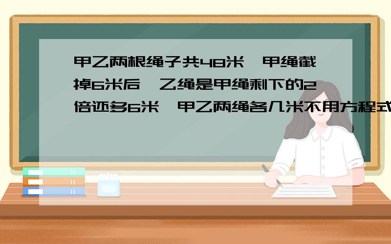 甲乙两根绳子共48米,甲绳截掉6米后,乙绳是甲绳剩下的2倍还多6米,甲乙两绳各几米不用方程式解，因为结果我已经算出来了，但是孩子小学四年级她不懂方程式