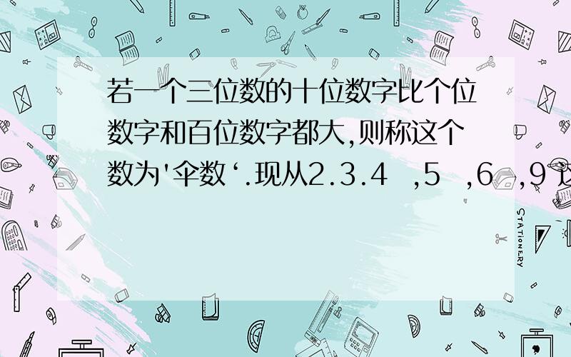 若一个三位数的十位数字比个位数字和百位数字都大,则称这个数为'伞数‘.现从2.3.4  ,5  ,6  ,9 这六个数字中任取3 个数,组成无重复数字的三位数,其中’伞数‘有（    ）.  A.120 个        B.80