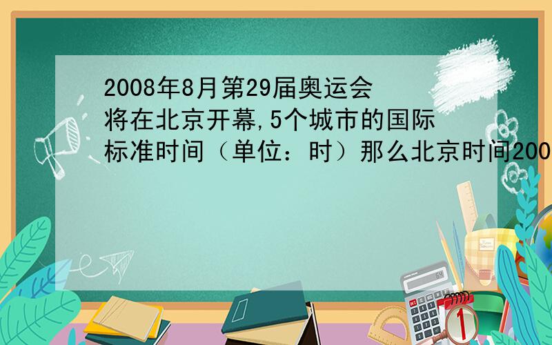 2008年8月第29届奥运会将在北京开幕,5个城市的国际标准时间（单位：时）那么北京时间2008年8月8日20时应因为上面不够写所以写在这里A伦敦时间2008年8月8日11时B巴黎时间2008年8月8日13时C纽约