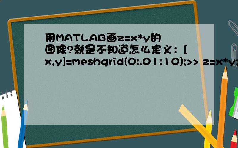 用MATLAB画z=x*y的图像?就是不知道怎么定义：[x,y]=meshgrid(0:.01:10);>> z=x*y;>> plot3(x,y,z)这样不对~但不知道怎么定义