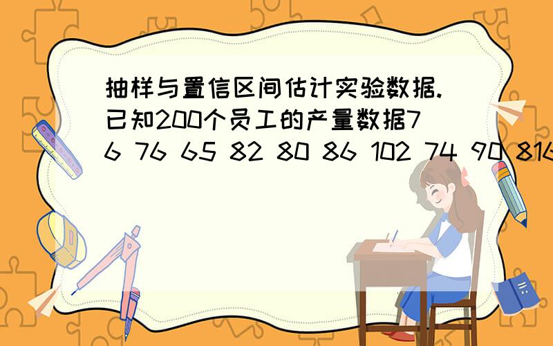 抽样与置信区间估计实验数据.已知200个员工的产量数据76 76 65 82 80 86 102 74 90 8167 76 71 82 93 83 94 88 81 8582 93 64 94 96 70 93 85 91 7792 79 76 80 82 77 81 73 78 6791 78 79 68 81 81 80 93 72 9297 74 80 66 98 85 84 62 90 7758