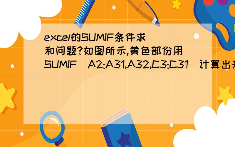 excel的SUMIF条件求和问题?如图所示,黄色部份用SUMIF(A2:A31,A32,C3:C31)计算出来的结果为什么不对,正确的是红色字的.但把第2列（蓝色列）删除后为什么得到的结果就是对的呢?