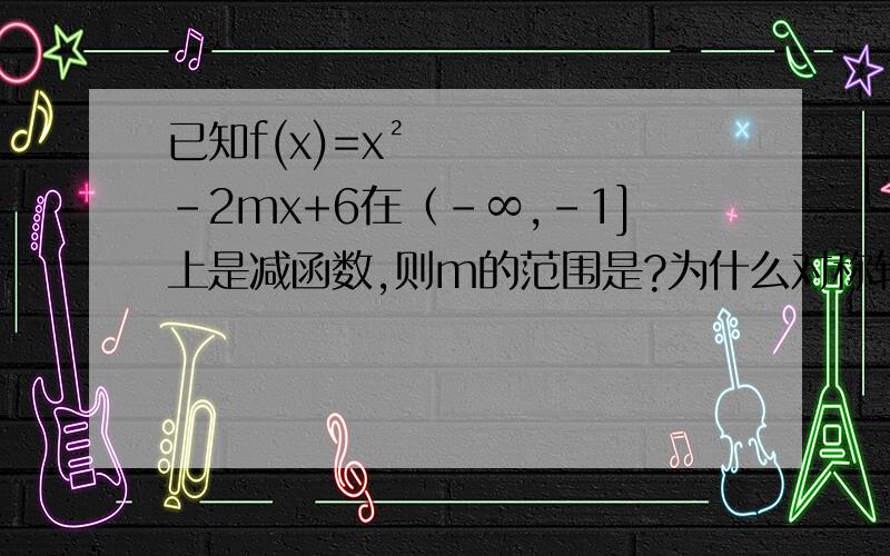 已知f(x)=x²-2mx+6在（-∞,-1]上是减函数,则m的范围是?为什么对称轴会在定义域的右边啊