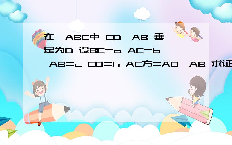 在△ABC中 CD⊥AB 垂足为D 设BC=a AC=b AB=c CD=h AC方=AD×AB 求证△ABC是直角三角形