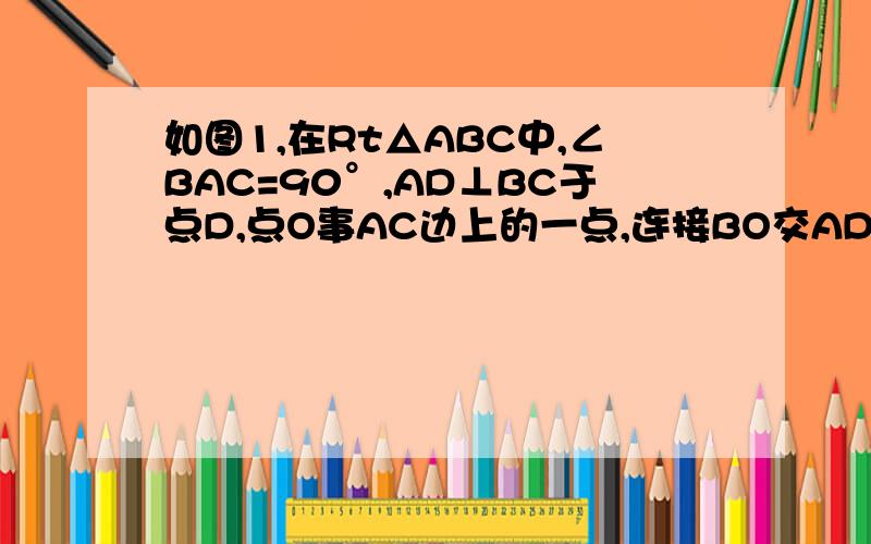 如图1,在Rt△ABC中,∠BAC=90°,AD⊥BC于点D,点O事AC边上的一点,连接BO交AD于点F,OE⊥OB交BC于点E.请回答以下问题：（1）试说明：△ABF∽△COE；（2）当O为AC边的中点,且AC：AB=2时,如图2,求OF：OE的值；