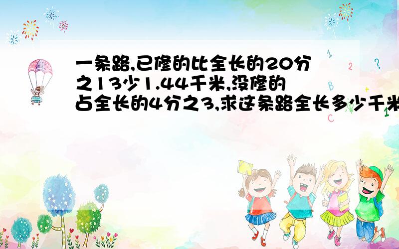 一条路,已修的比全长的20分之13少1.44千米,没修的占全长的4分之3,求这条路全长多少千米?