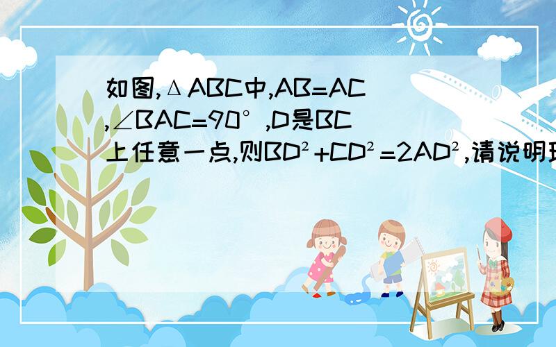 如图,ΔABC中,AB=AC,∠BAC=90°,D是BC上任意一点,则BD²+CD²=2AD²,请说明理由.