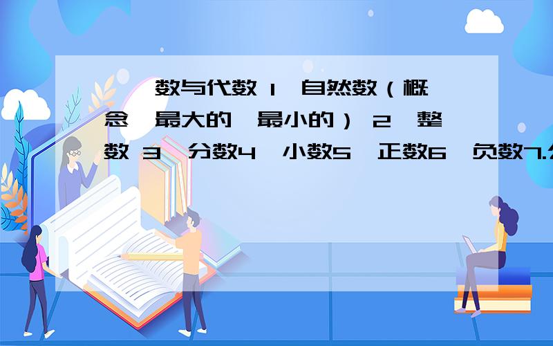 一、数与代数 1、自然数（概念,最大的,最小的） 2、整数 3、分数4、小数5、正数6、负数7.公因数、公倍数（最小公倍数,最大公因数,分解质因数）二、计算简算（性质、定律,技巧）