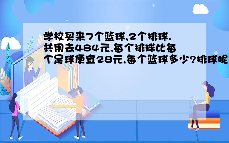 学校买来7个篮球,2个排球.共用去484元,每个排球比每个足球便宜28元,每个篮球多少?排球呢?