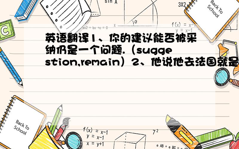 英语翻译1、你的建议能否被采纳仍是一个问题.（suggestion,remain）2、他说他去法国就是为看世界杯冠军赛.（championship）3、我怀疑这信息是否可靠.（wonder）4、你拍的山景照片真美啊.（photo）5