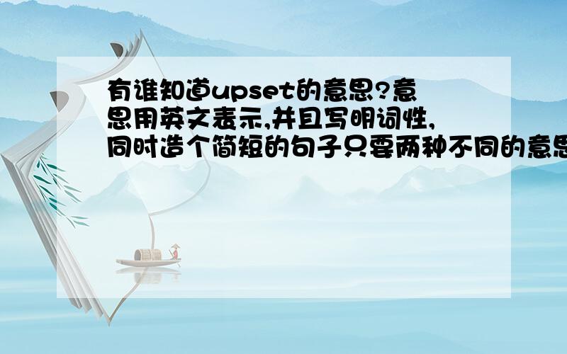 有谁知道upset的意思?意思用英文表示,并且写明词性,同时造个简短的句子只要两种不同的意思好了不用多谢了