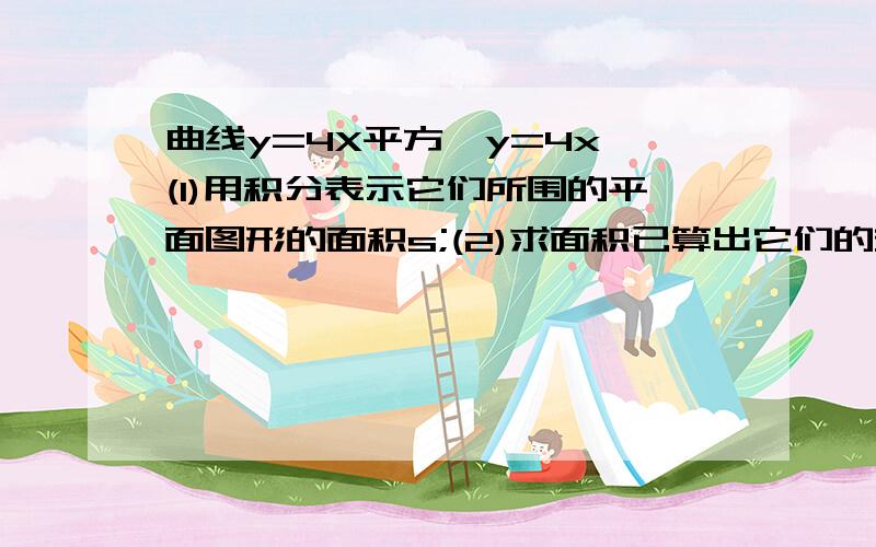 曲线y=4X平方,y=4x,(1)用积分表示它们所围的平面图形的面积s;(2)求面积已算出它们的交点坐标为（0,0）和（1,4）