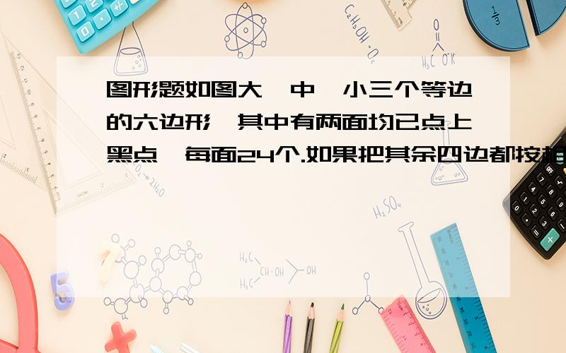 图形题如图大、中、小三个等边的六边形,其中有两面均已点上黑点,每面24个.如果把其余四边都按相同数量点上黑点,还要点多少个呢?