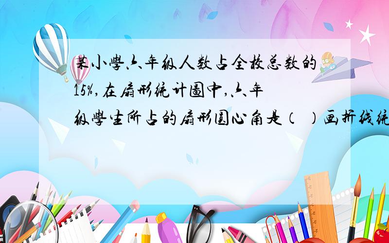 某小学六年级人数占全校总数的15%,在扇形统计图中,六年级学生所占的扇形圆心角是（ ）画折线统计图时要注意月份（年份）之间的间隔要（ ）.间隔3年的距离应是间隔1年的（ ）倍,间隔4个