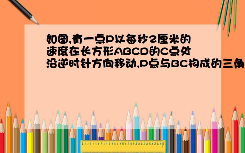 如图,有一点P以每秒2厘米的速度在长方形ABCD的C点处沿逆时针方向移动,P点与BC构成的三角形BCP面积将不断变化,变化情况如下面折线图.根据图形回答下面问题.1、图中AD长多少厘米?长方形ABCD