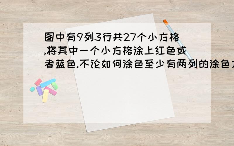 图中有9列3行共27个小方格,将其中一个小方格涂上红色或者蓝色.不论如何涂色至少有两列的涂色方式相同,为什么?（这一道问题是关于位置的）