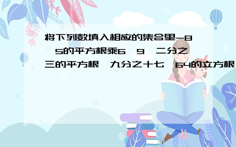 将下列数填入相应的集合里-8,5的平方根乘6,9,二分之三的平方根,九分之十七,64的立方根,0.99,0.76767676.（无限循环小数）,-π （1）有理数集合：（2）无理数集合：（3）正实数集合：（4）负实