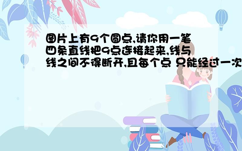 图片上有9个圆点,请你用一笔四条直线把9点连接起来,线与线之间不得断开,且每个点 只能经过一次...................