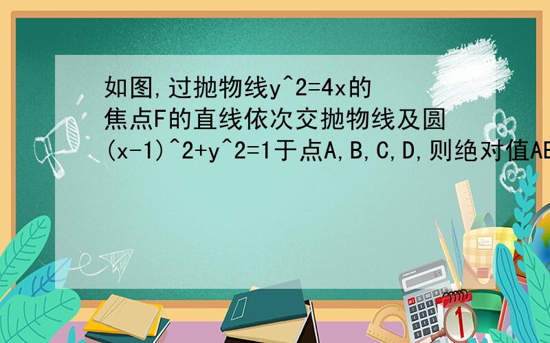 如图,过抛物线y^2=4x的焦点F的直线依次交抛物线及圆(x-1)^2+y^2=1于点A,B,C,D,则绝对值AB·CD=