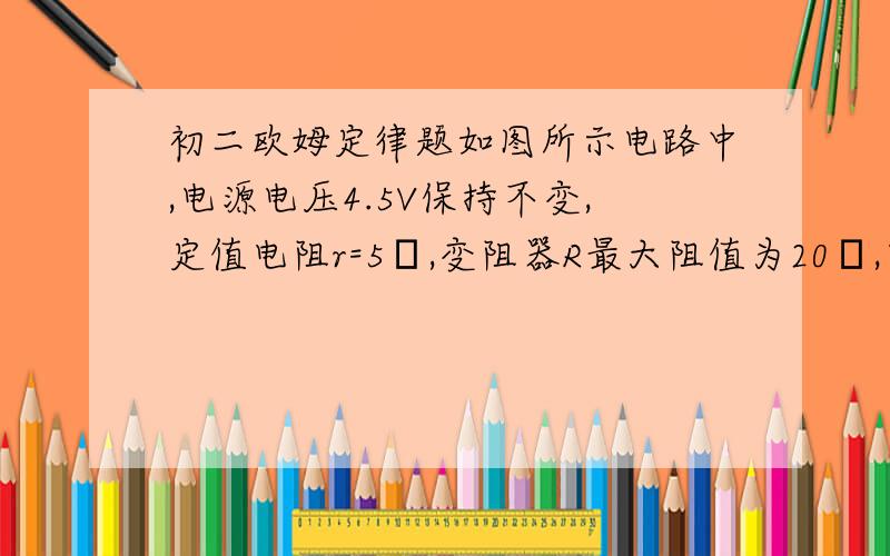 初二欧姆定律题如图所示电路中,电源电压4.5V保持不变,定值电阻r=5Ω,变阻器R最大阻值为20Ω,电流表量程为0~0.6A,电压表量程0~3V,为保护电表,变阻器接入电路的阻值范围是?