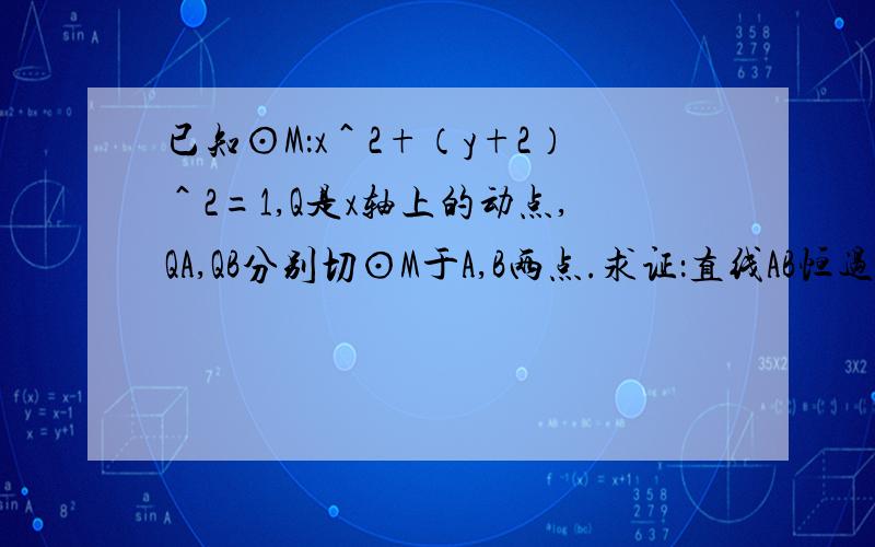 已知⊙M：x＾2+（y+2）＾2=1,Q是x轴上的动点,QA,QB分别切⊙M于A,B两点.求证：直线AB恒过定点