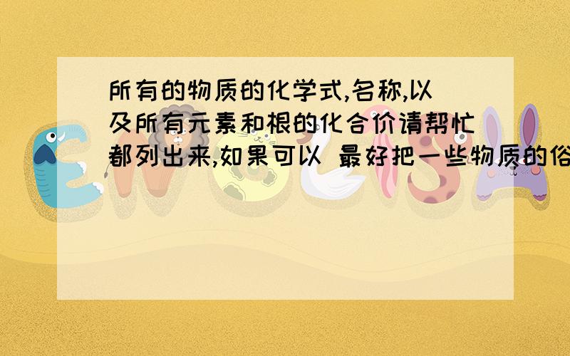 所有的物质的化学式,名称,以及所有元素和根的化合价请帮忙都列出来,如果可以 最好把一些物质的俗称也一并写上,如H2O2 过氧化氢 双氧水急