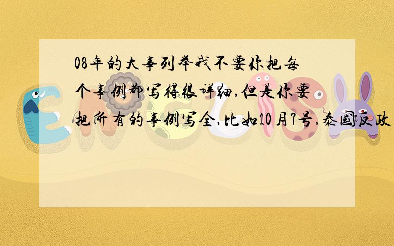 08年的大事列举我不要你把每个事例都写得很详细,但是你要把所有的事例写全,比如10月7号,泰国反政府的人民民主联盟发动数千人围堵泰国国会大厦.要全不要详细,想要多少分直接开口