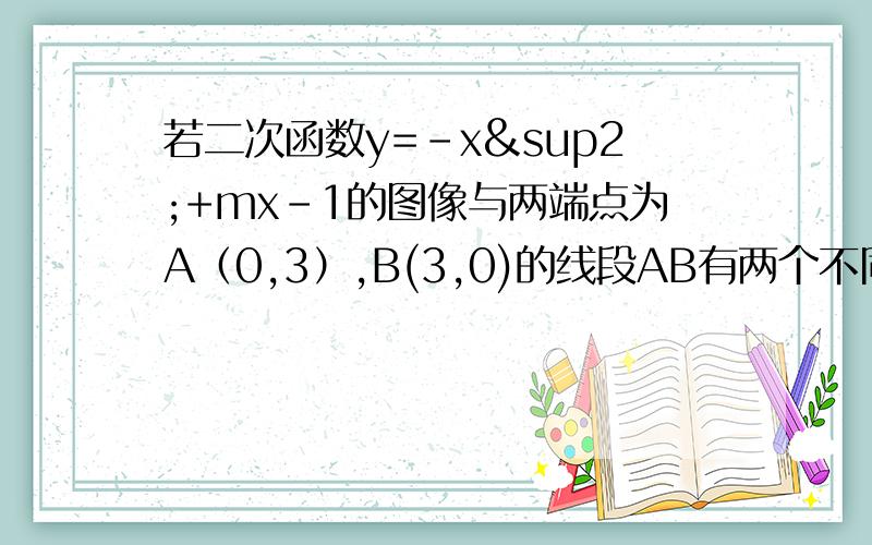 若二次函数y=-x²+mx-1的图像与两端点为A（0,3）,B(3,0)的线段AB有两个不同的交点,求实数m的取值范