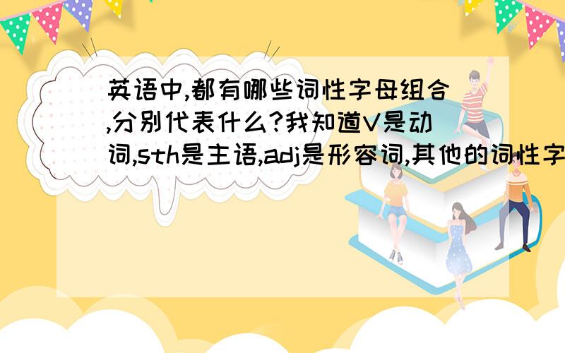 英语中,都有哪些词性字母组合,分别代表什么?我知道V是动词,sth是主语,adj是形容词,其他的词性字母组合个代表什么意思?