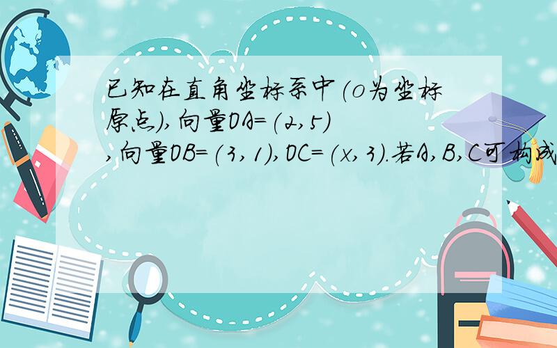 已知在直角坐标系中(o为坐标原点),向量OA=(2,5),向量OB=(3,1),OC=(x,3).若A,B,C可构成三角形,求x的取值已知在直角坐标系中(o为坐标原点),向量OA=(2,5),向量OB=(3,1),OC=(x,3).（1）若A,B,C可构成三角形,求x