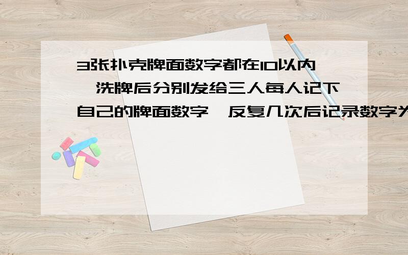 3张扑克牌面数字都在10以内,洗牌后分别发给三人每人记下自己的牌面数字,反复几次后记录数字为13、15、23我想问那三张牌分别的数字!有字数限制啊!都发不完整!那个6.7.8怎么出来的啊!