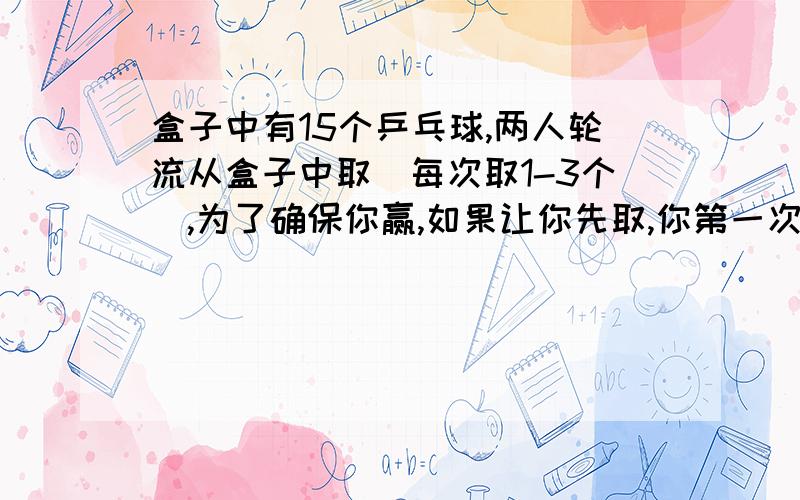 盒子中有15个乒乓球,两人轮流从盒子中取（每次取1-3个）,为了确保你赢,如果让你先取,你第一次会先取几个?接下来你会怎么取?