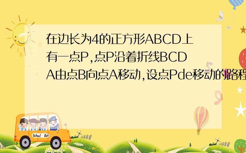 在边长为4的正方形ABCD上有一点P,点P沿着折线BCDA由点B向点A移动,设点Pde移动的路程为X,,△ABP的面积为y=f(x),求f(x)关于x的函数关系式