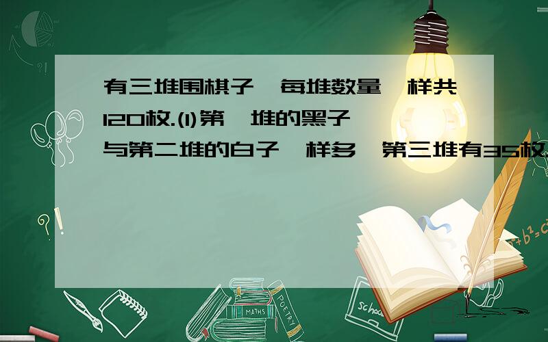 有三堆围棋子,每堆数量一样共120枚.(1)第一堆的黑子与第二堆的白子一样多,第三堆有35枚.这三堆棋子白子共有多少?（2）第一堆的白子和第二堆的黑子一样多,第三堆的是黑子的三分之一,这三