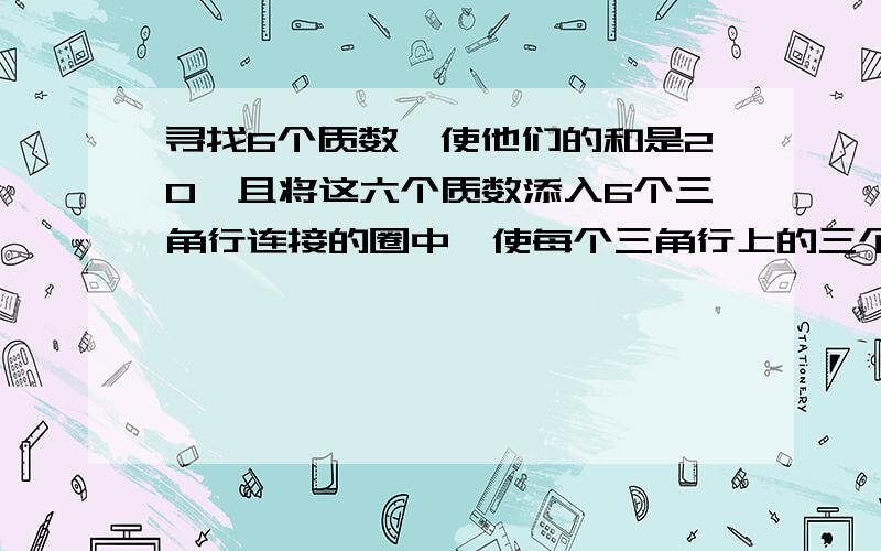 寻找6个质数,使他们的和是20,且将这六个质数添入6个三角行连接的圈中,使每个三角行上的三个数的和都相等.