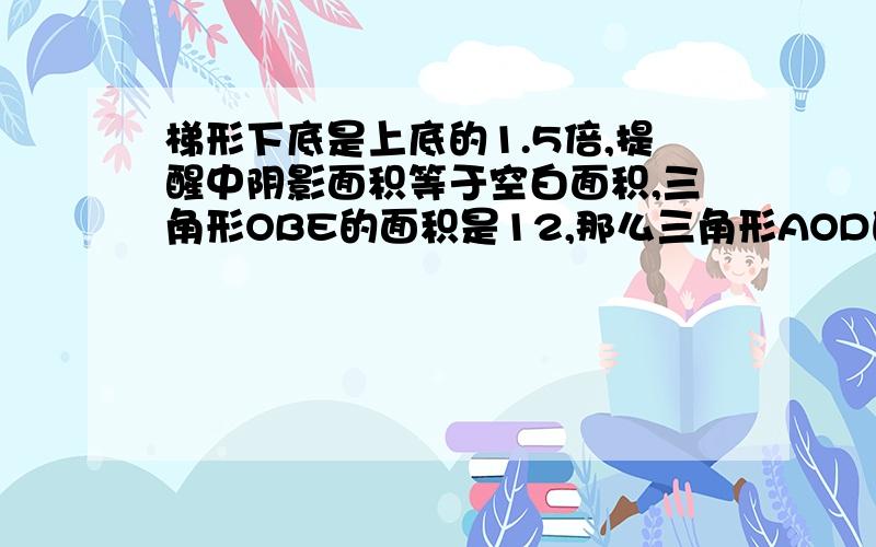 梯形下底是上底的1.5倍,提醒中阴影面积等于空白面积,三角形OBE的面积是12,那么三角形AOD的面积是____