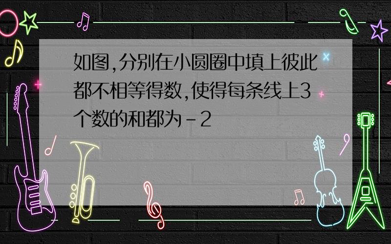 如图,分别在小圆圈中填上彼此都不相等得数,使得每条线上3个数的和都为-2