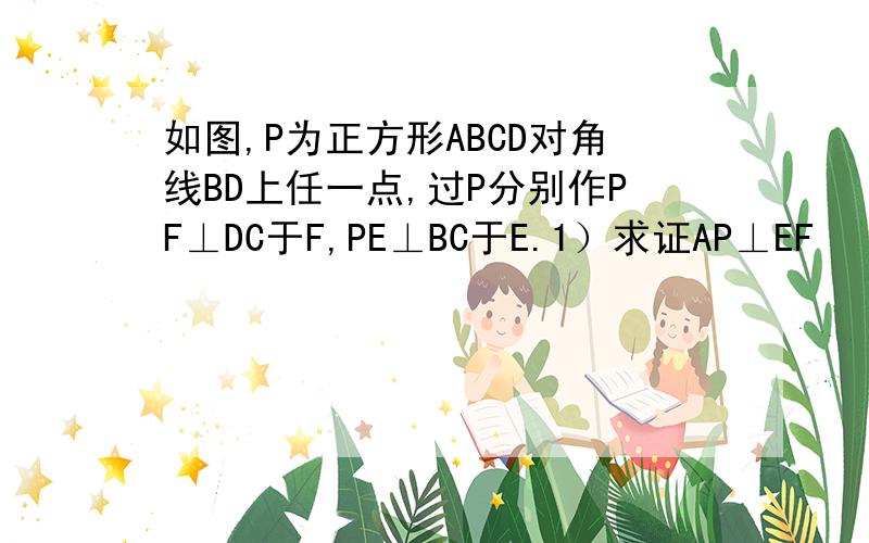 如图,P为正方形ABCD对角线BD上任一点,过P分别作PF⊥DC于F,PE⊥BC于E.1）求证AP⊥EF