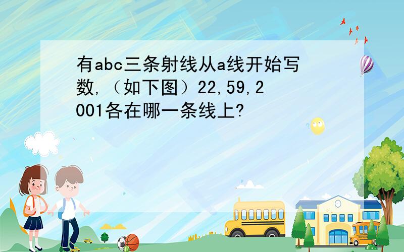 有abc三条射线从a线开始写数,（如下图）22,59,2001各在哪一条线上?