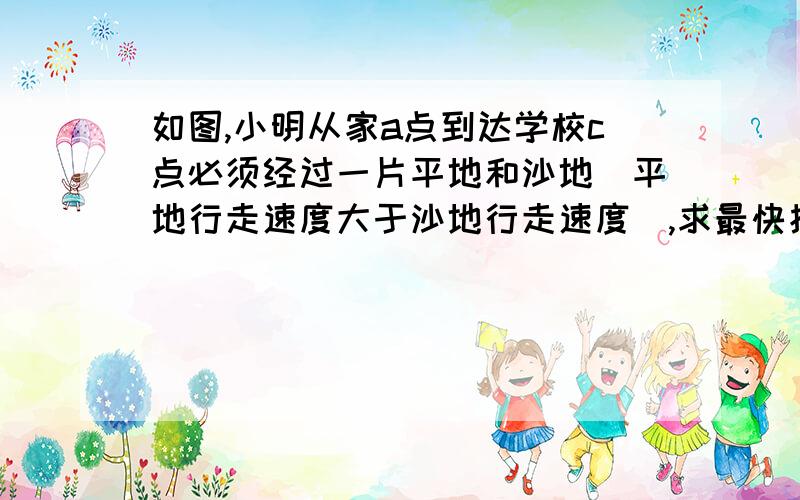 如图,小明从家a点到达学校c点必须经过一片平地和沙地（平地行走速度大于沙地行走速度）,求最快捷路径?小明利用光学知识确定从_______处进入沙地（“b”点“b”左侧“b右侧）大致画出路