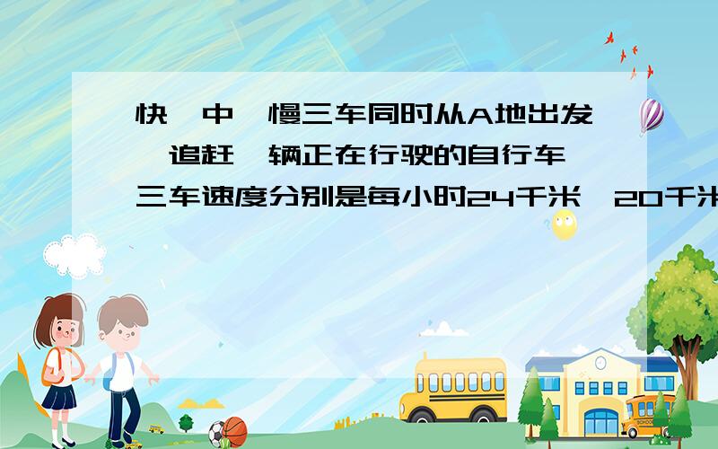 快、中、慢三车同时从A地出发,追赶一辆正在行驶的自行车,三车速度分别是每小时24千米、20千米、19千米.快车追上自行车用了6小时,中车追上自行车用了10小时,慢车追上自行车用多少小时?